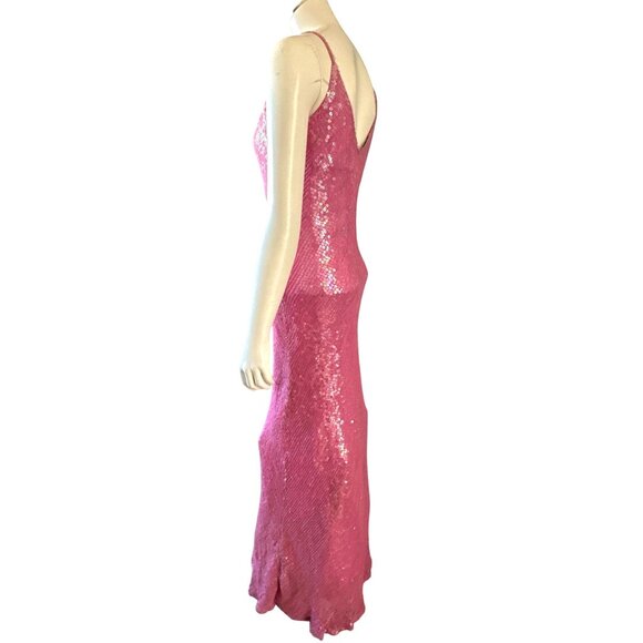 Scala Small Pink Silk Sequin Bias Cut Gown V Back Barbiecore Y2K Vintage Evening - Picture 6 of 11